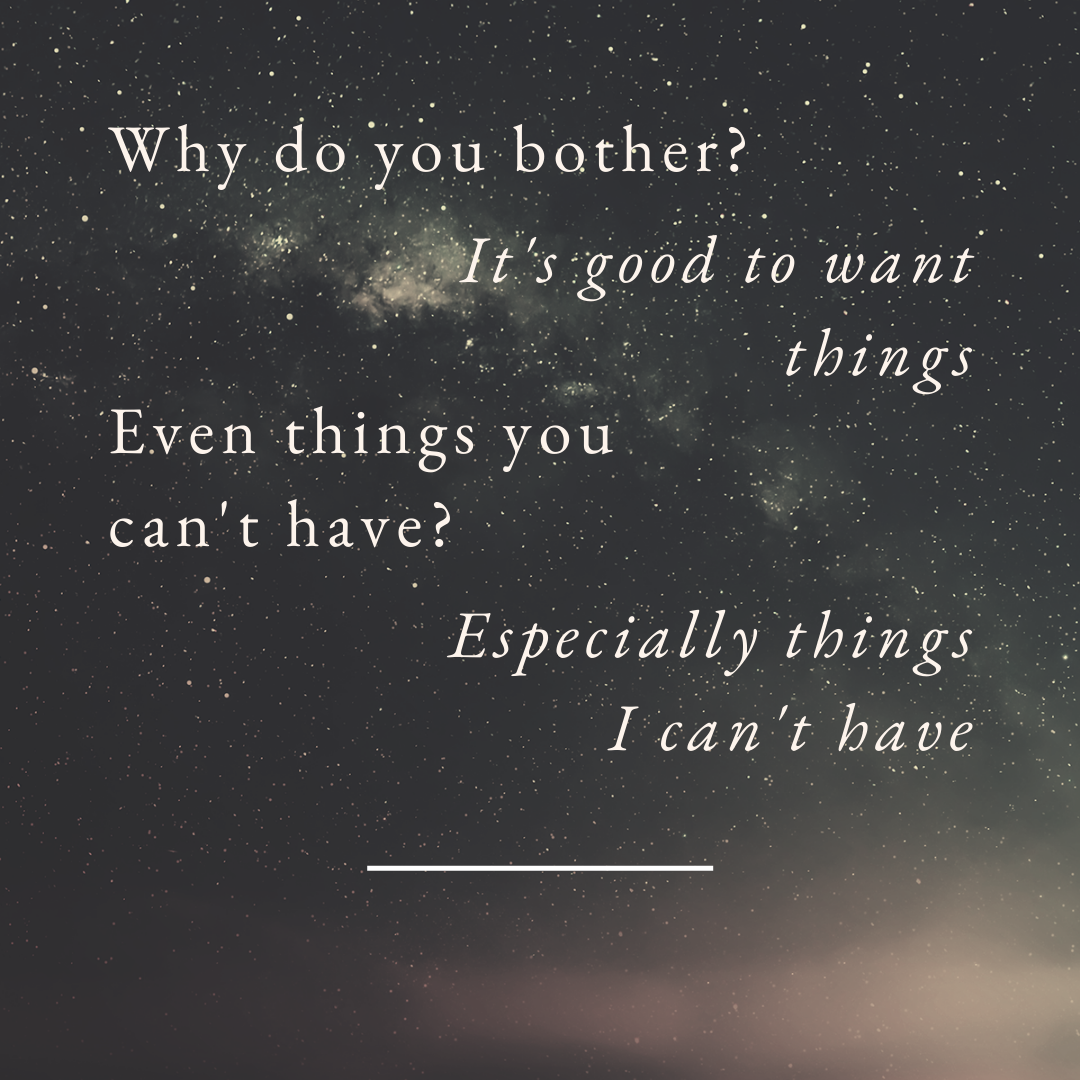a starry background with white text laid out as a conversation between two people reading "why do you bother? / its good to want things / even things you can't have? / especially things i can't have"