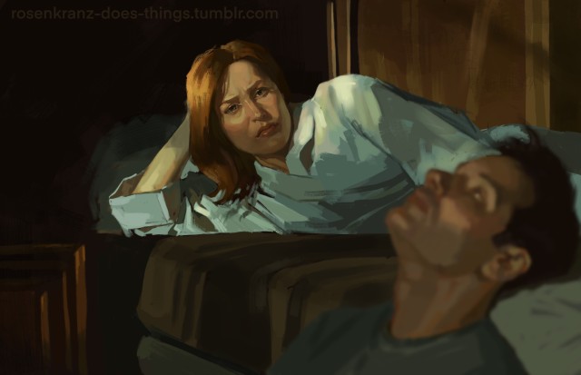 a digital study of a screenshot from The Truth. Scully is lying on the bed in a similar fashion to the first painting, with her head propped up, she's looking at Mulder, who's leaning against the bed in the foreground, but his face is out of focus. Instead the focus is on Scully, her expression is concerned, her red hair is bright, her pale blue robe is lit such that it has a sort of angelic glow to it