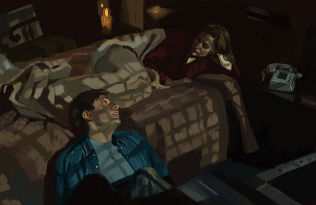 digital study of a screenshot from Pilot where Scully is lying on the bed in a red robe, her head propped up on her hand, looking down at Mulder who is leaning against the bed, his head turned towards her, he's wearing a blue shirt and a pale blue t-shirt underneath. beside the bed there's a dial up phone. 