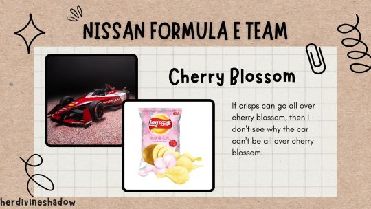 Nissan Formula E Team - Cherry Blossom. If crisps can go all over cherry blossom, then I don’t see why the car can’t be all over cherry blossom.