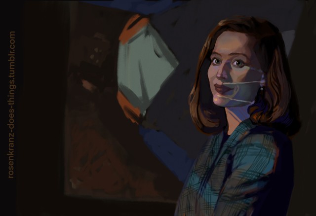 digital study of a screenshot from Pilot, where Scully is standing in front of a slide projected on the wall, blue light illuminating her face and suit