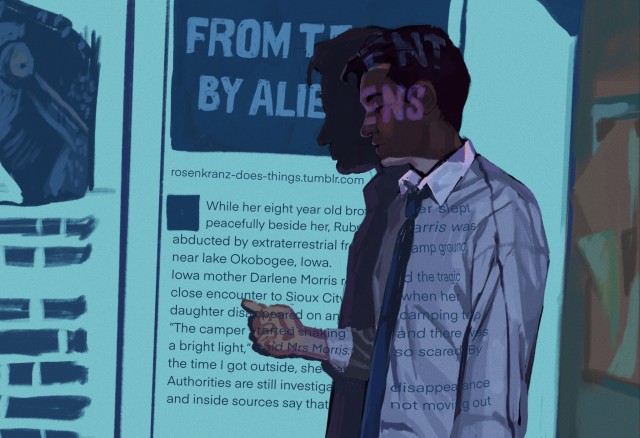 digital study of a screenshot from Conduit, where Mulder is showing a slide, it's a news article about kidnapping by extraterrestrials. the words "from tent by aliens" are reflected on his face, as well as some text from the article 