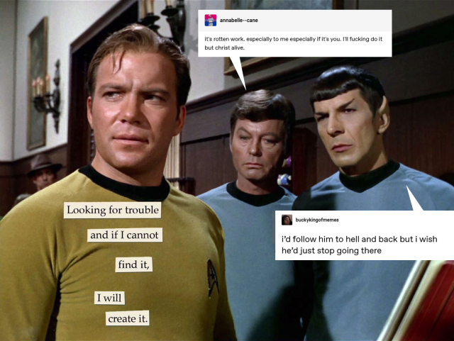 A screenshot from Star Trek: The Original Series. Captain Kirk stands in the front left, looking offscreen to the left. Behind him stand Spock and Doctor McCoy, both of them looking at Kirk. Kirk is caption with a quote from The Guide to Troubled Birds that reads, "Looking for trouble, and if I cannot find it, I will create it." McCoy is captioned with a Tumblr post from annabelle--cane that reads, "it's rotten work. especially to me especially if it's you. i'll fucking do it but christ alive." Spock is captioned with a Tumblr post from buckykingofmemes that reads, "i'd follow him to hell and back but i wish he'd just stop going there"