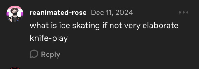Comment reading “ what is ice skating if not very elaborate knife-play”